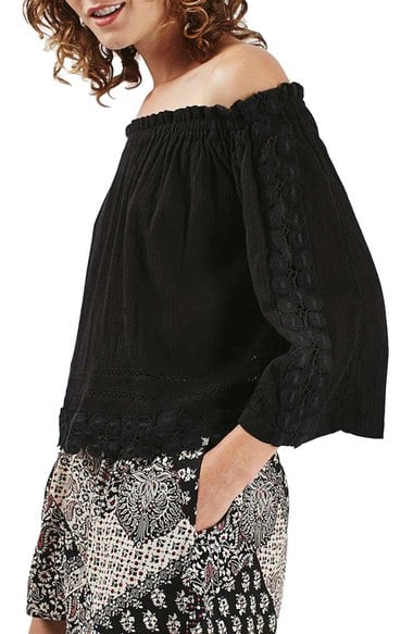 Topshop Crochet Trim Bardot Off The Shoulder Top Black Nordstrom black friday sale