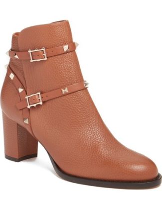 Valentino 'Rockstud' Block Heel Bootie (Women) Tan Leather ankle booties