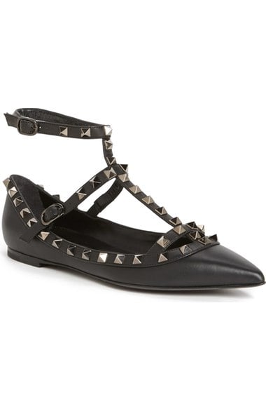 Valentino 'Rockstud' Double Ankle Strap Pointy Toe Flat Black