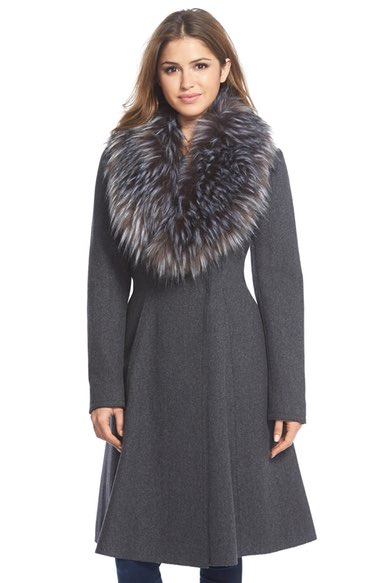 Vera Wang 'Serena' Faux Fur Collar Wool Blend Fit & Flare Coat Charcoal Nordstrom