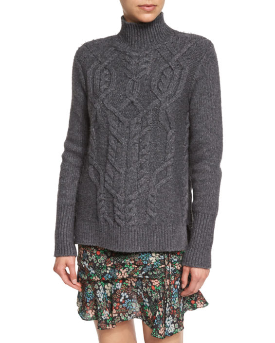 Veronica Beard Cable-Knit Turtleneck Wool-Blend Sweater Charcoal cable knit sweaters