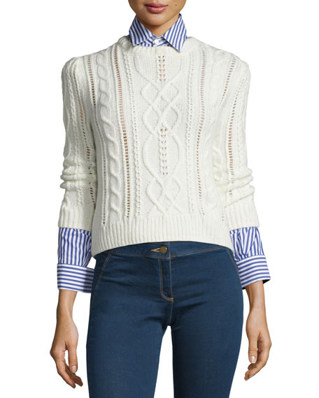 Veronica Beard Surrey Cable-Knit Pullover Sweater Cream cable knit sweaters winter