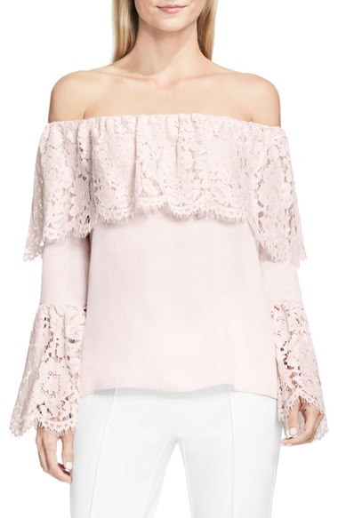 Vince Camuto Lace Trim Off the Shoulder Blouse Hush Pink lace tops holiday party season