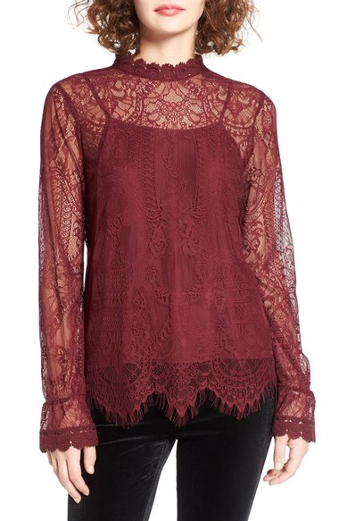 Wayf Swing Street Lace Blouse Merlot lace tops holiday party season