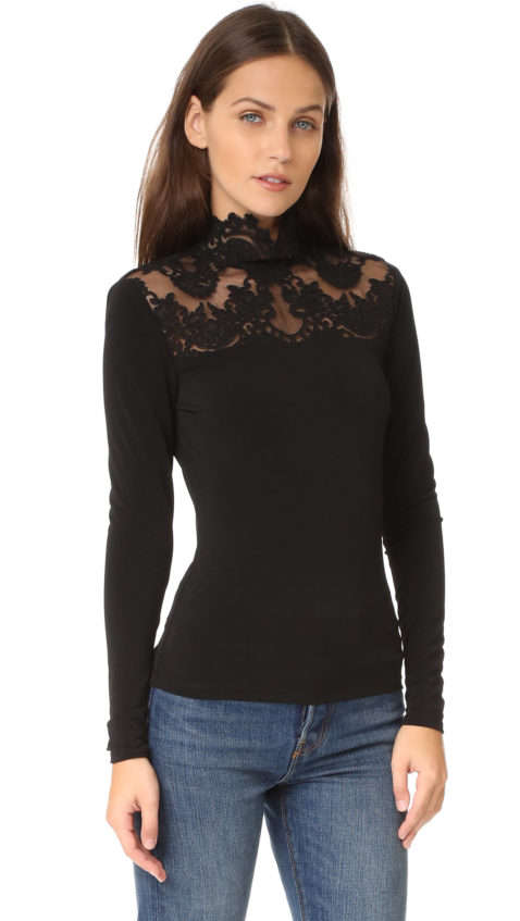 alice + olivia Jennine Lace Yoke Top Black lace tops holiday party season