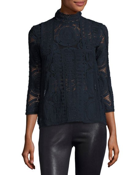 ba&sh Elia Mock-Neck Lace Top Bleu Nuit lace tops holiday party season