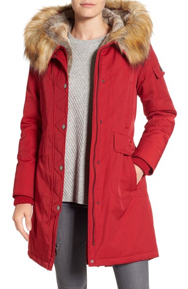 1 Madison Hooded Parka with Faux Fur Trim Carmine Red faux fur parkas winter