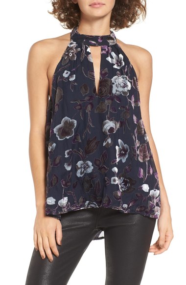 ASTR Burnout Velvet Halter Tank Navy Multi Floral velvet tops holiday party season