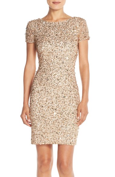 Adrianna Papell Sequin Mesh Sheath Dress (Regular & Petite) Champagne Gold new year's even dresses