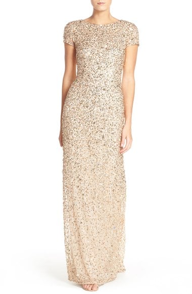 Adrianna Papell Short Sleeve Sequin Mesh Gown (Regular & Petite) Champagne Gold new year's eve sequin dresses 