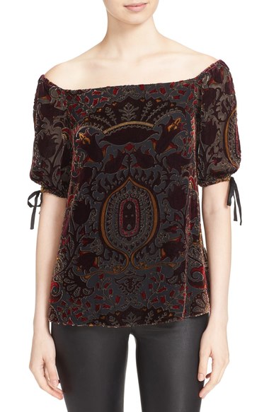Alice + Olivia 'Alecia' Tie Sleeve Off the Shoulder Burnout Velvet Top Baroque Burnout velvet tops holiday party season