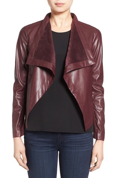 BB Dakota 'Peppin' Drape Front Faux Leather Jacket Aubergine drape front faux leather jackets winter