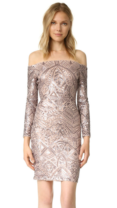 BCBGMAXAZRIA Embellished Off Shoulder Dress Rose Gold Combo sequin dresses new year's eve