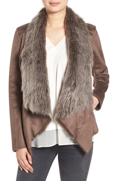 BCBGeneration Faux Shearling Drape Front Jacket Taupe
