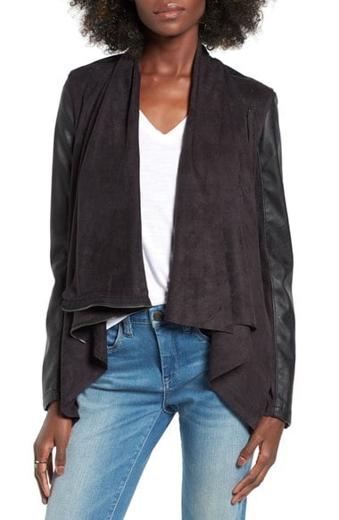 BLANKNYC Mixed Media Faux Leather Drape Front Jacket Whatever It Takes drape front faux leather jackets