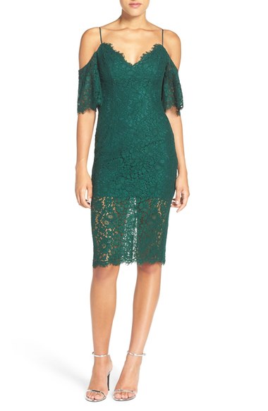 Bardot 'Karlie' Cold Shoulder Lace Midi Dress Alpine Green cold shoulder dresses new year's eve