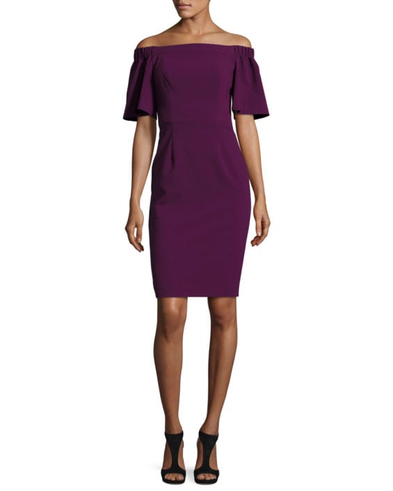 Black Halo Off-the-Shoulder Ponte Sheath Dress, Jezebel Neiman Marcus friends and family sale