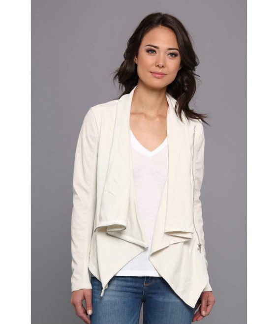 Blank NYC Beige Vegan Leather Sleeved Draped Jacket in Beige drape front faux leather jackets