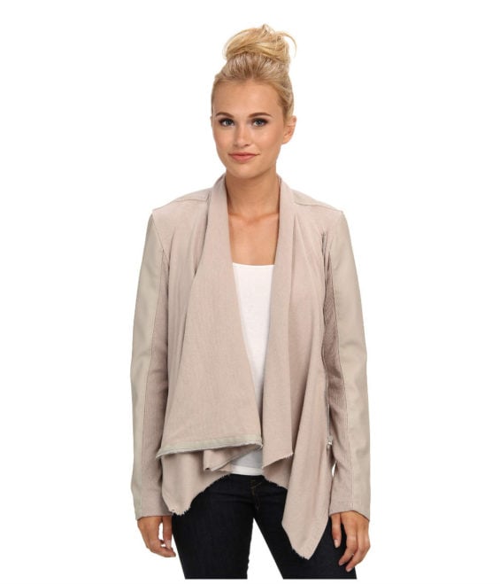 Blank NYC Draped Vegan Leather and Ponte Jacket in Taupe drape front faux leather jackets