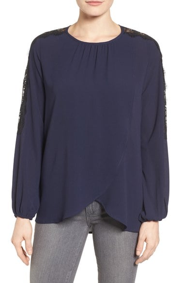 Bobeau Lace Sleeve Crossover Front Blouse Navy Black Lace