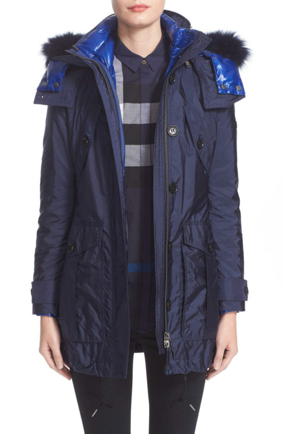 Burberry Chevrington 2-in-1 Parka with Genuine Fox Fur Trim Ink Blue Nordstrom Half Yearly Sale