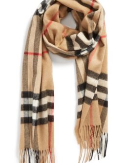 Burberry Heritage Giant Check Fringed Cashmere Muffler Camel Check plaid scarves