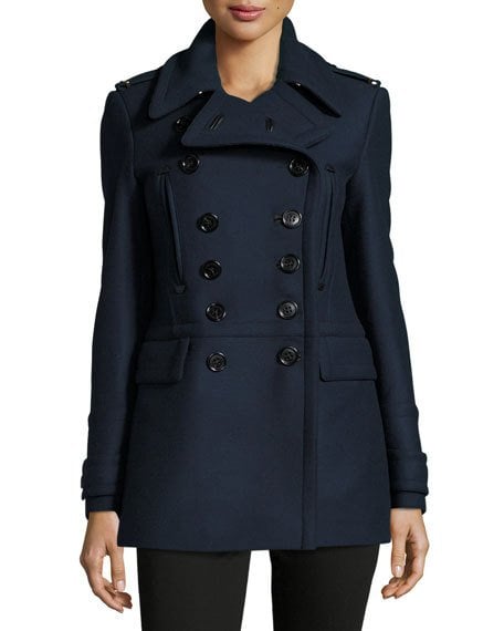 Burberry Milbridge Wool Twill Pea Coat Navy Blue