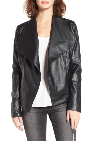 Coffee Shop Drape Faux Leather Jacket Black drape front faux leather jackets