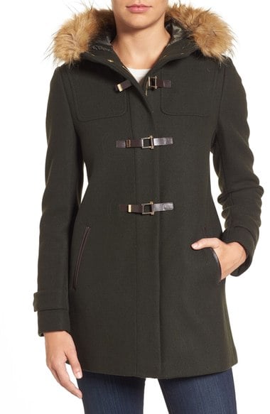 Cole Haan Signature Cole Haan Hooded Duffle Coat with Faux Fur Trim Moss