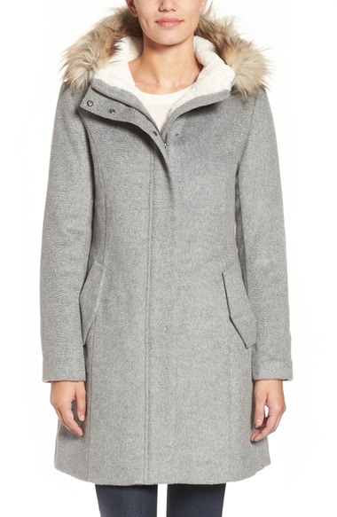 Cole Haan Wool Parka With Faux Fur Trim Light Grey faux fur parkas 