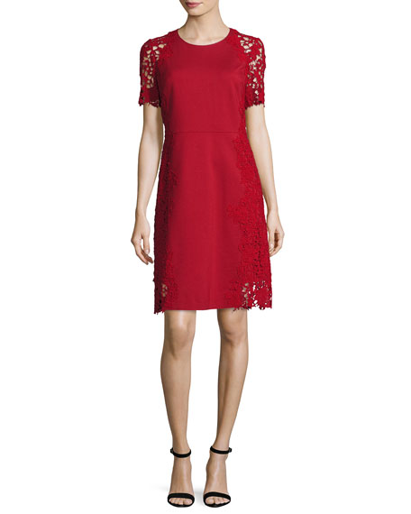 Elie Tahari Hudson Short-Sleeve Lace-Trim Dress Poppy Neiman Marcus christmas sale