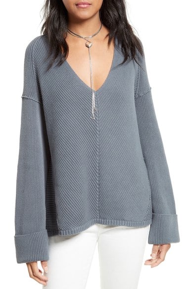 Free People La Brea V-Neck Bell Sleeve Sweater Slate bell sleeve sweaters 