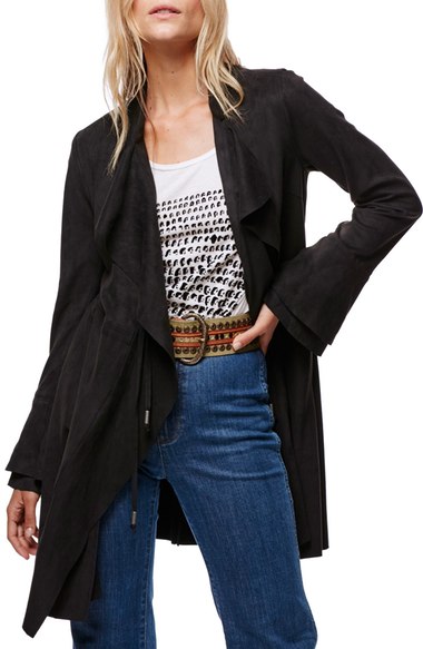 Free People Meadow Drape Collar Faux Suede Jacket Black