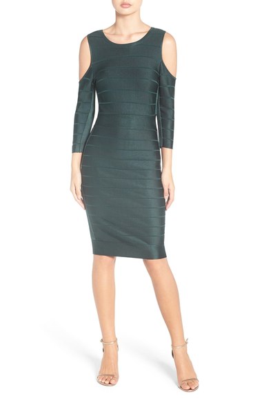 French Connection Cold Shoulder Bandage Dress Pine Forest Green cold shoulder dresses holiday parties new year's eve