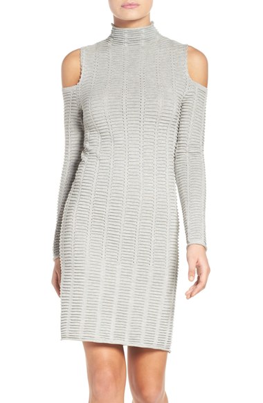 French Connection Mozart Body-Con Dress Light Grey Mel cold shoulder dresses holiday party season