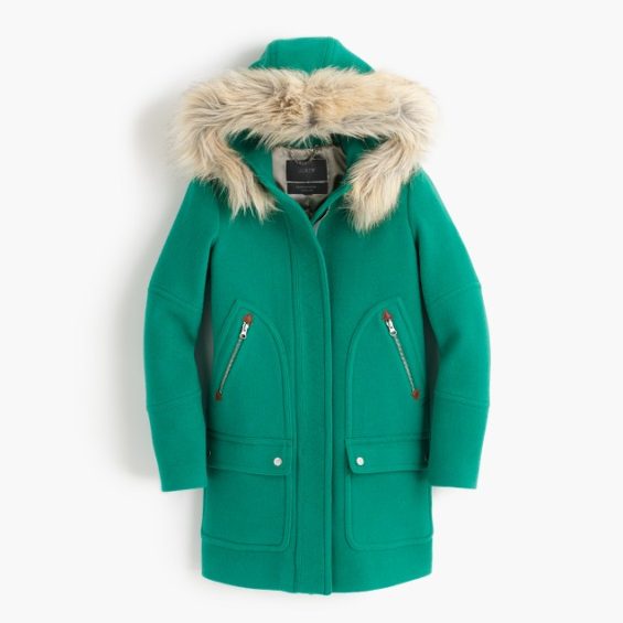 J.Crew Chateau parka in stadium-cloth item B3901 hthr emerald green faux fur parkas winter 