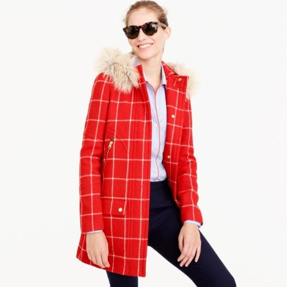J.Crew Chateau parka in windowpane check item F8198 Bright Red Natural faux fur parkas winter
