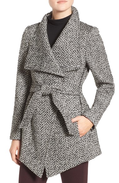 Jessica Simpson Belted Tweed Coat Black White Tweed