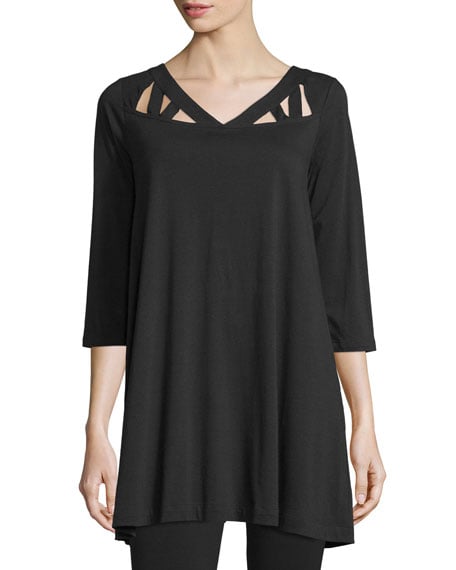 Joan Vass 3/4-Sleeve Yoke-Cutout Tunic Black Petite cutout tops winter