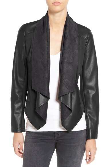 KUT from the Kloth 'Ana' Faux Leather Drape Front Jacket (Regular & Petite) Black drape front faux leather jackets