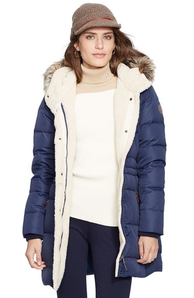 Lauren Ralph Lauren Faux Fur Trim Down & Feather Fill Parka New Regal Navy Blue faux fur parkas