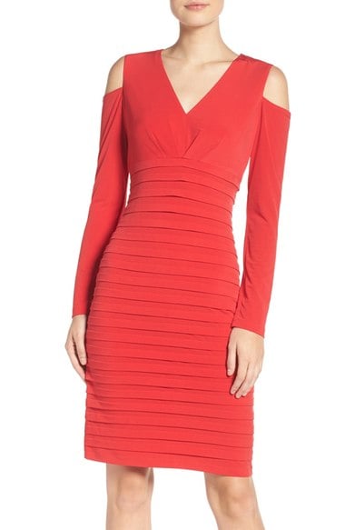 London Times Cold Shoulder Sheath Dress Red cold shoulder dresses holiday party season
