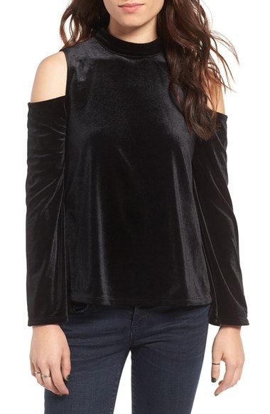 MOON RIVER Lace-Up Cold Shoulder Velvet Top Black velvet tops 