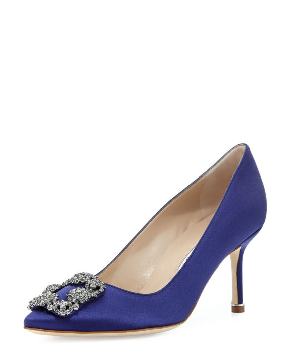 Manolo Blahnik Hangisi Crystal-Buckle Satin 70mm Pump Purple Rain Neiman Marcus friends and family sale