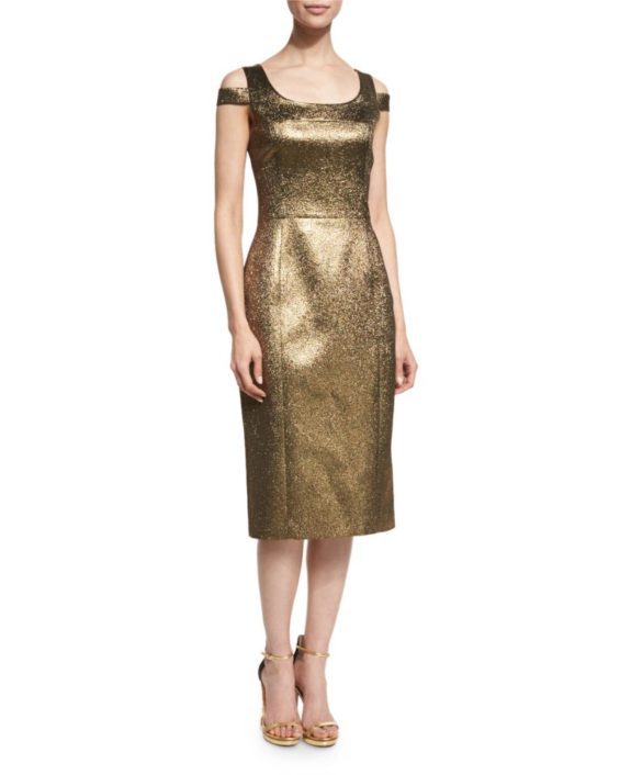 Michael Kors Cold-Shoulder Round-Neck Metallic Dress Gold/Chocolate