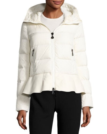 Moncler Nesea Quilted Puffer Coat w/Wool Trim White