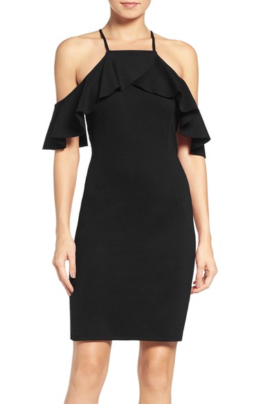 NSR Ruffle Cold Shoulder Sheath Dress Black cold shoulder dresses new year's eve