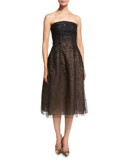 Oscar de la Renta Strapless Degrade-Sequin Midi Dress Navy
