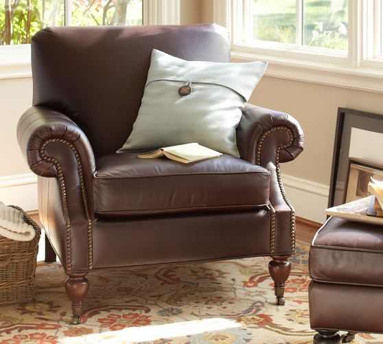 Pottery Barn BROOKLYN LEATHER ARMCHAIR & OTTOMAN - ESPRESSO NAILHEADS pottery barn premier event 