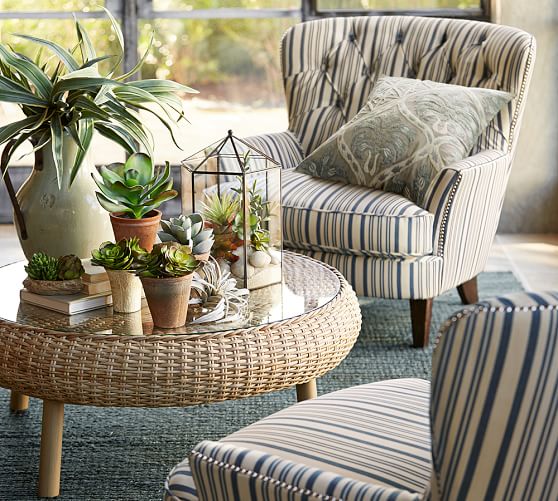 Pottery Barn CARDIFF UPHOLSTERED TUFTED ARMCHAIR WITH NAILHEAD - ANTIQUE STRIPE pottery barn buy more save more sale